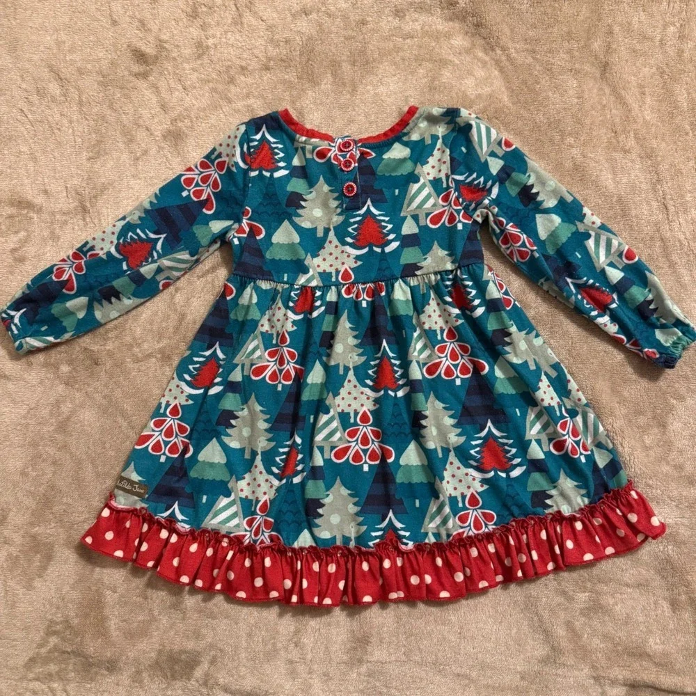 Matilda Jane Girls Christmas Tree Nightgown Dress Blue Red Ruffle Size 4/6